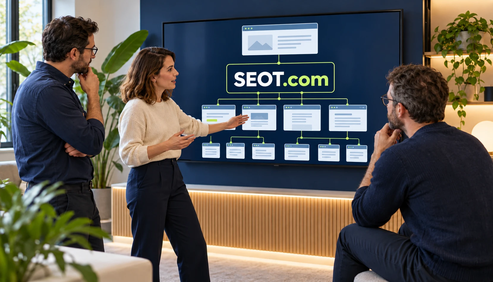 A search team discussing work at a shared screen